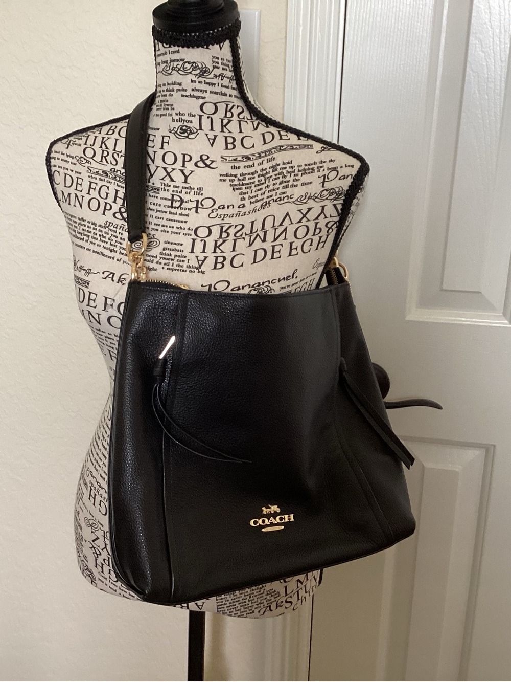 Coach Black Pebbled Leather Shoulder Tote with Gold Logo